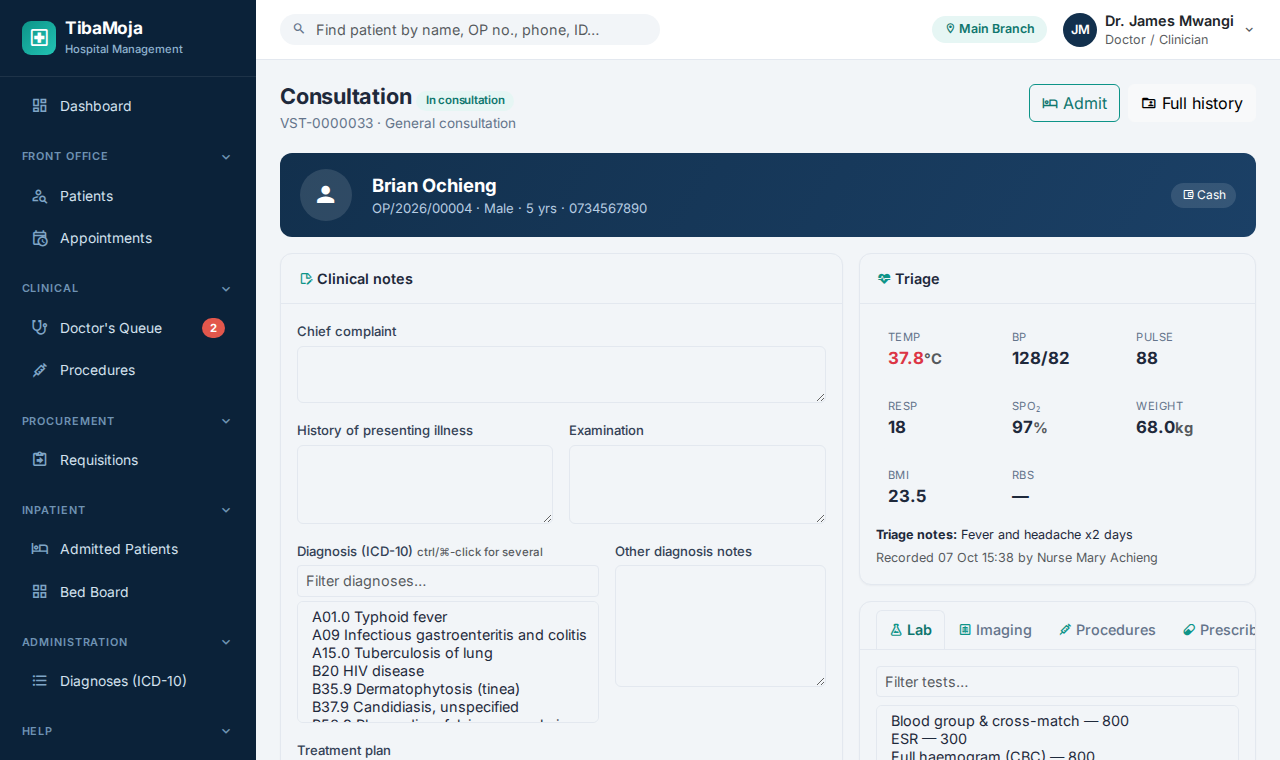 A doctor's consultation screen with notes, diagnosis and orders